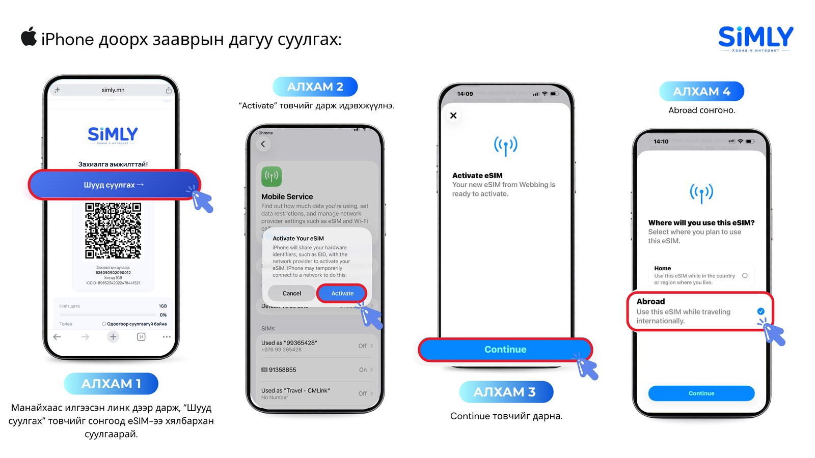 eSIM суулгах алхам 1-4